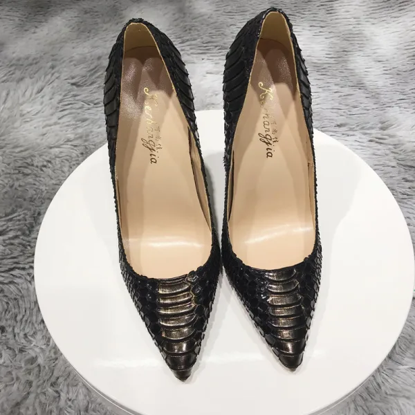 Vintage / Retro Black Street Wear Snakeskin Print Pumps 2020 12 cm Stiletto Heels Pointed Toe Pumps