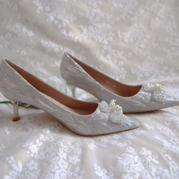 Elegant Vintage / Retro Silver Glitter Wedding Shoes 2020 Leather Crystal Pearl 5 cm Stiletto Heels Pointed Toe Wedding Pumps