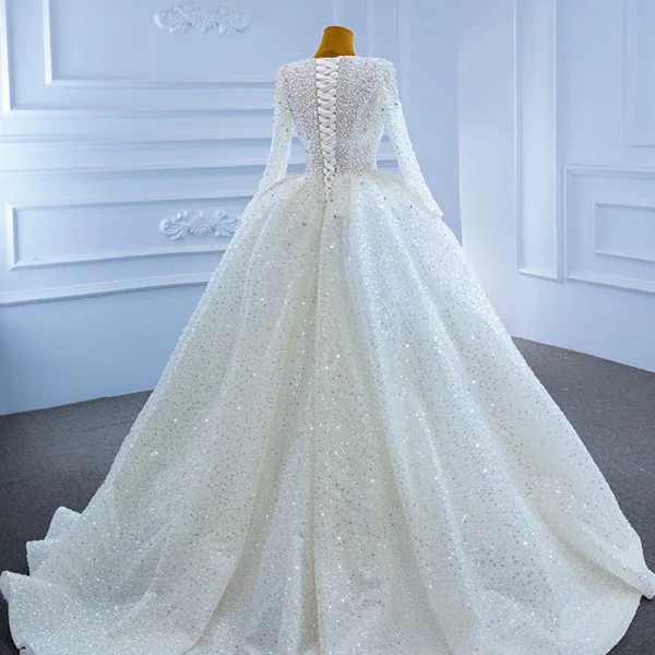 High-end Sparkly Ivory Pearl Wedding Dresses 2021 Ball Gown Handmade  Beading Rhinestone Sequins V-Neck Long Sleeve Court Train Wedding