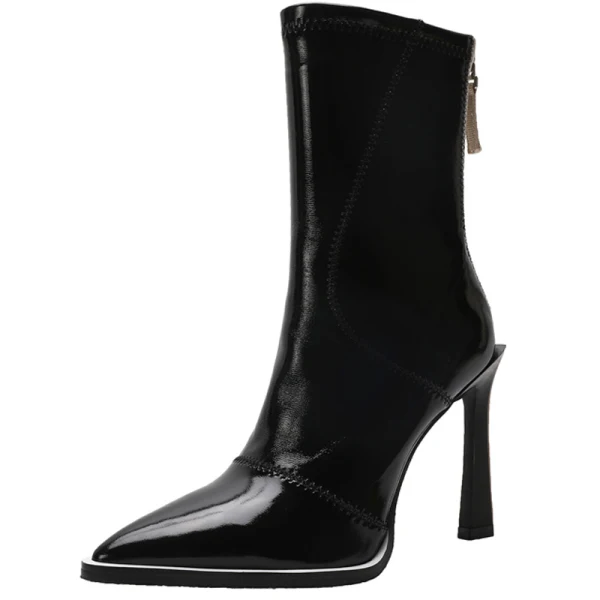 Fashion Winter Black Street Wear Mid Calf Womens Boots 2020 Leather 10 cm Stiletto Heels Pointed Toe Boots