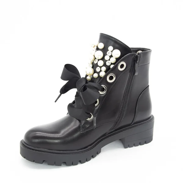 Mode Noire Vêtement de rue Bottines Bottes Femme 2020 Perle À Bout Rond Plate Bottes