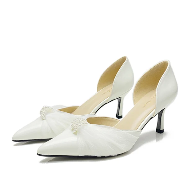 Elegant White Pearl Wedding Shoes 2020 Leather 7 cm Stiletto Heels Pointed Toe Wedding Heels