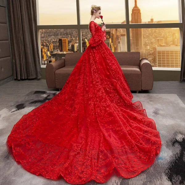 Schöne Rot Brautkleider 2018 Ballkleid Star Rundhalsausschnitt Lange Ärmel Rückenfreies Kathedrale Schleppe Hochzeit