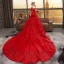 Schöne Rot Brautkleider 2018 Ballkleid Star Rundhalsausschnitt Lange Ärmel Rückenfreies Kathedrale Schleppe Hochzeit