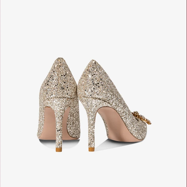Glittrande Guld Rhinestone Paljetter Brudskor 2020 Läder 8 cm Stilettklackar Spetsiga Bröllop Pumps