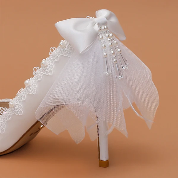 Eleganta Elfenben Brudskor 2020 Läder Spets Pärla Rosett 9 cm Stilettklackar Spetsiga Bröllop Pumps