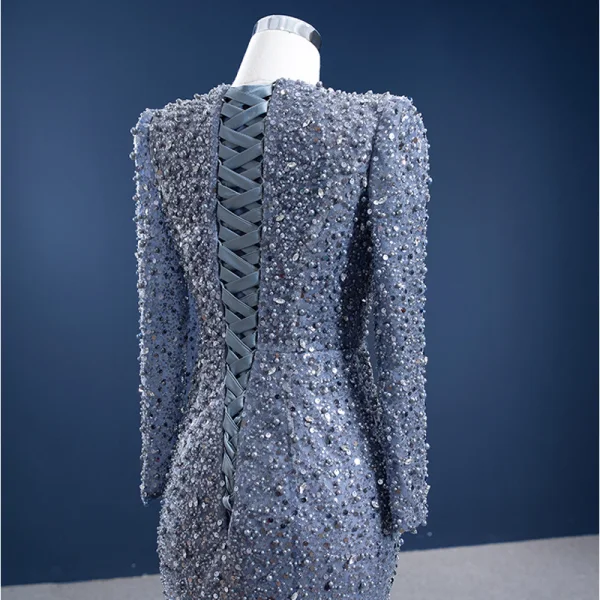 High-end Grey Beading Pearl Rhinestone Evening Dresses  2021 Trumpet / Mermaid Scoop Neck Sequins Long Sleeve Court Train Evening Party Formal Dresses