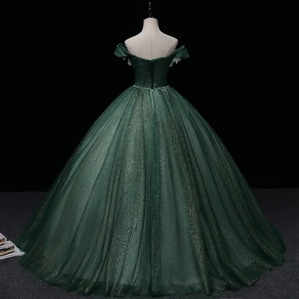 Elegant Dark Green Prom Dresses 2022 Ball Gown Off-The-Shoulder Short Sleeve Sequins Backless Pearl Bow Floor-Length / Long Formal Dresses