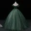 Elegant Dark Green Prom Dresses 2022 Ball Gown Off-The-Shoulder Short Sleeve Sequins Backless Pearl Bow Floor-Length / Long Formal Dresses