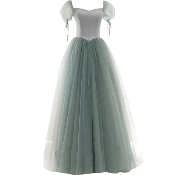 Vintage / Retro Sage Green Prom Dresses 2021 A-Line / Princess Square Neckline Rhinestone Puffy Short Sleeve Floor-Length / Long Prom Formal Dresses