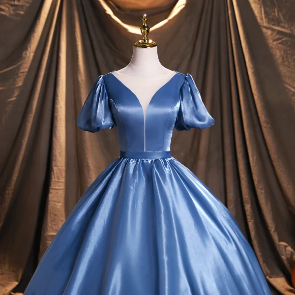 Chic / Beautiful Ocean Blue Satin Prom Dresses 2021 Scoop Neck Puffy Short Sleeve Backless Floor-Length / Long Formal Dresses