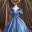 Chic / Beautiful Ocean Blue Satin Prom Dresses 2021 Scoop Neck Puffy Short Sleeve Backless Floor-Length / Long Formal Dresses