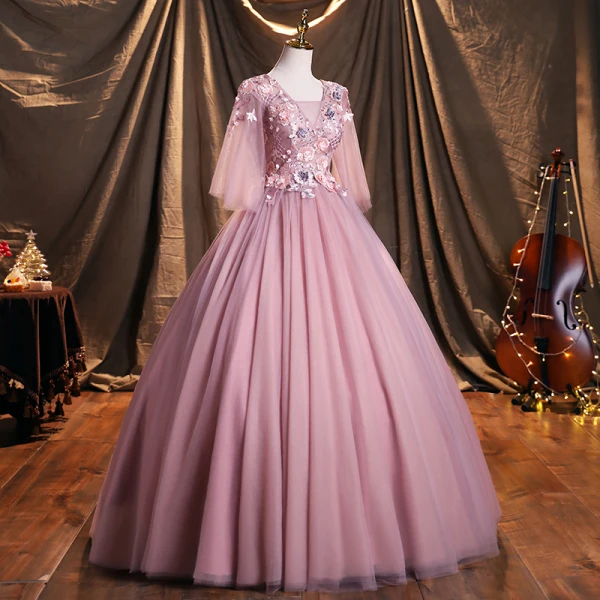 Elegante Rosa Applikationen Perlenstickerei Spitze Blumen Ballkleider 2021 Eckiger Ausschnitt 3/4 Ärmel Rückenfreies Lange Festliche Kleider