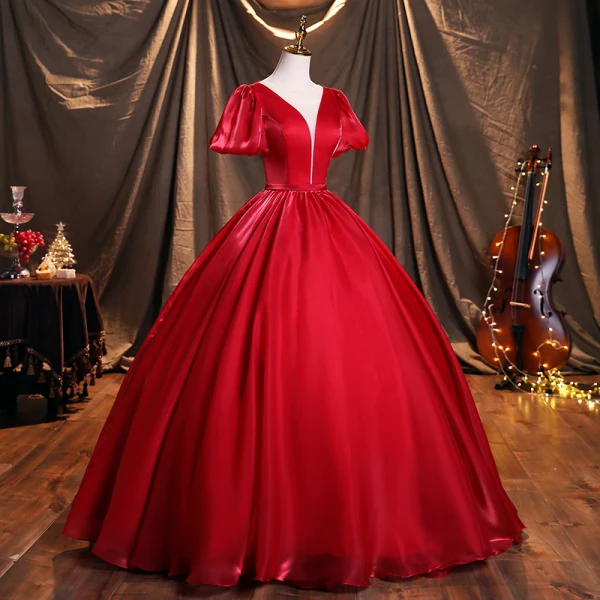Ethnic Red Satin Prom Dresses 2021 Ball Gown Scoop Neck Short Sleeve Backless Sash Floor-Length / Long Formal Dresses