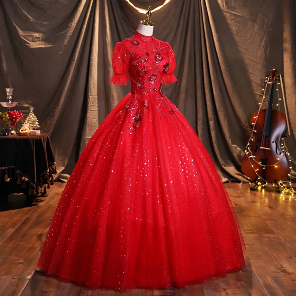 Scintillantes Rouge Robe De Bal Princesse 2021 Col Haut Perlage Étoile Paillettes Manches de cloche Dos Nu Longue Robe De Ceremonie