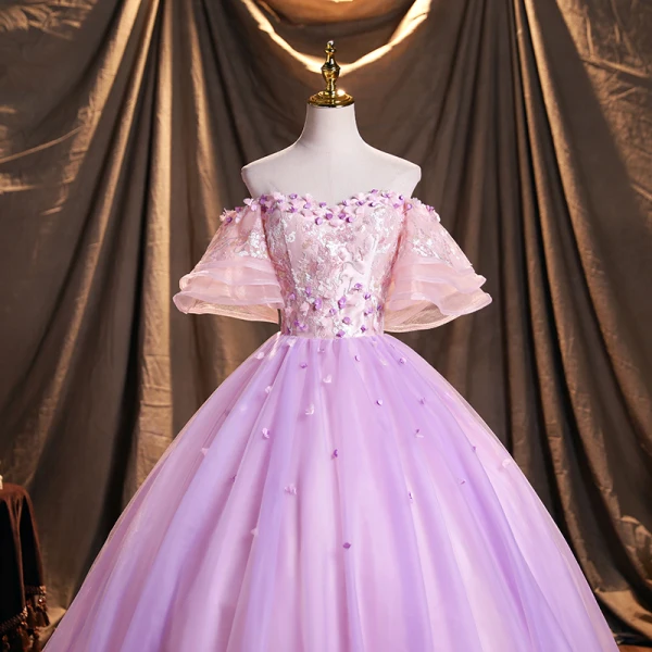 Flower Fairy Lavender Prom Dresses 2021 Ball Gown Off-The-Shoulder Sequins Lace Flower Appliques Backless Bell sleeves Floor-Length / Long Formal Dresses