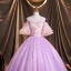 Flower Fairy Lavender Prom Dresses 2021 Ball Gown Off-The-Shoulder Sequins Lace Flower Appliques Backless Bell sleeves Floor-Length / Long Formal Dresses
