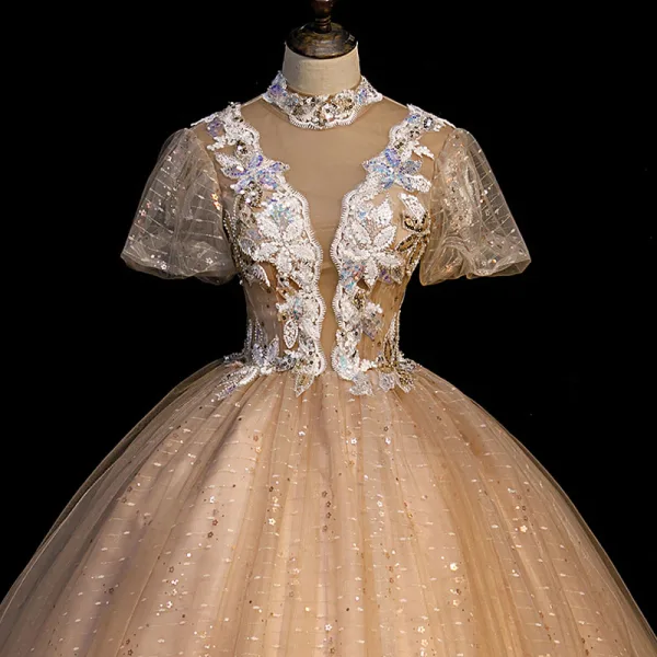 Charmant Champagne Robe De Bal 2021 Robe Boule Col Haut Paillettes En Dentelle Fleur Manches Courtes Dos Nu Longue Robe De Ceremonie