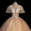 Charmant Champagne Robe De Bal 2021 Robe Boule Col Haut Paillettes En Dentelle Fleur Manches Courtes Dos Nu Longue Robe De Ceremonie