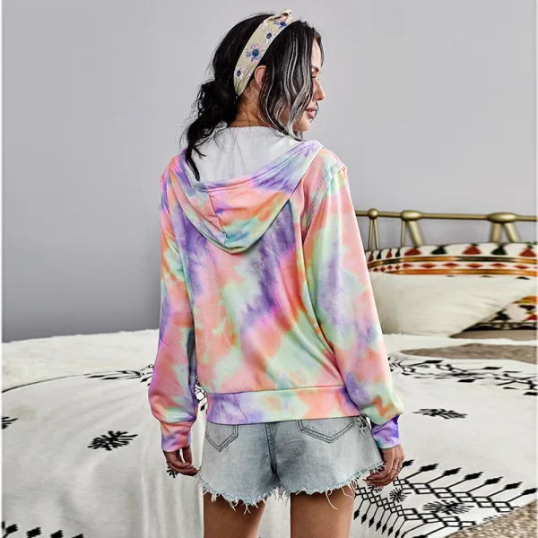 Fashion Fall Winter Street Wear Multi-Colors Tie-dye Sweatshirts 2021 V-Neck Long Sleeve Loose Hooded Women Tops