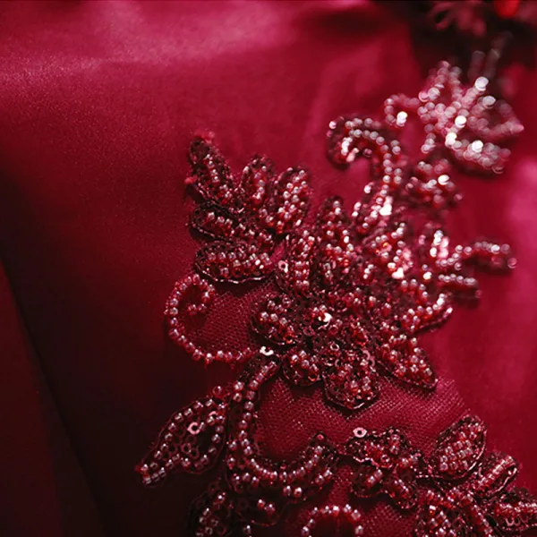 Chinese style Burgundy Satin Cheongsam 2021 Trumpet / Mermaid High Neck Beading Sequins 3/4 Sleeve Ankle Length Cheongsam / Qipao