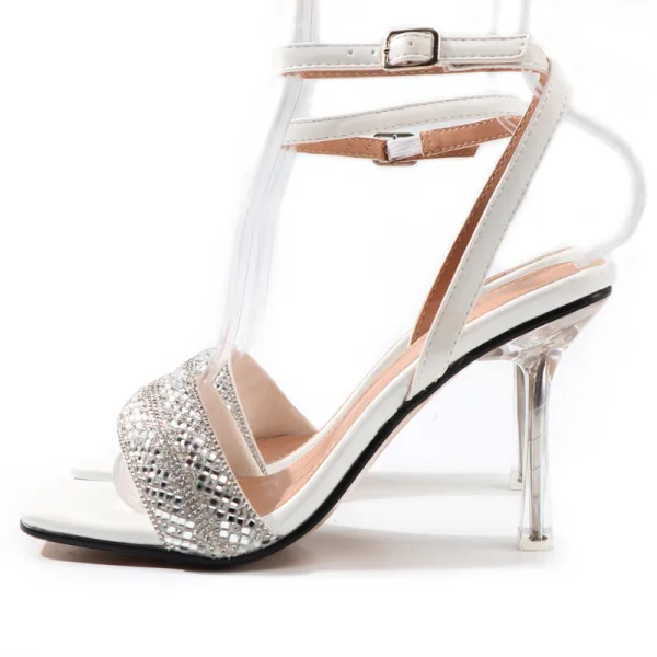 Sexy White Cocktail Party Evening Party Womens Sandals 2021 Ankle Strap Rhinestone 9 cm Open / Peep Toe Stiletto Heels Sandals High Heels