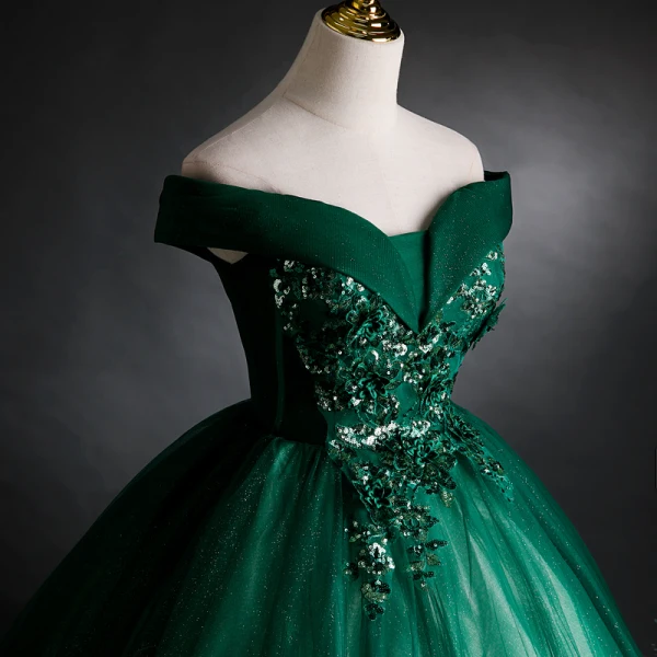 Elegant Dark Green Prom Dresses 2021 Ball Gown Off-The-Shoulder Beading Sequins Lace Flower Sleeveless Backless Floor-Length / Long Formal Dresses