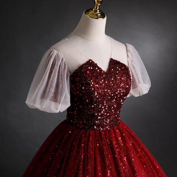 Sparkly Burgundy Sequins Prom Dresses 2021 Ball Gown V-Neck Beading Short Sleeve Backless Floor-Length / Long Formal Dresses