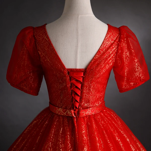 Chic / Belle Rouge Robe De Bal 2021 Robe Boule Encolure Dégagée Perlage Paillettes Manches Courtes Dos Nu Ceinture Longue Robe De Ceremonie
