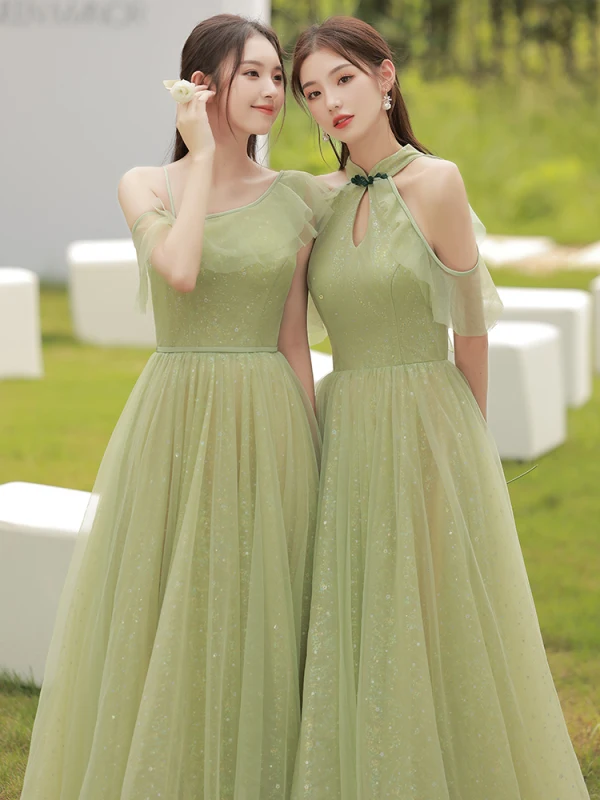 Simple Vert Cendré Robe Demoiselle D'honneur 2021 Princesse Paillettes Manches Courtes Dos Nu Longue Robe Demoiselle D'honneur