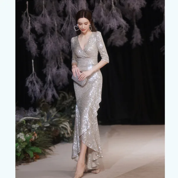 Sparkly Sexy Silver Sequins Evening Dresses 2021 Trumpet / Mermaid V-Neck 1/2 Sleeves Floor-Length / Long Evening Party Formal Dresses