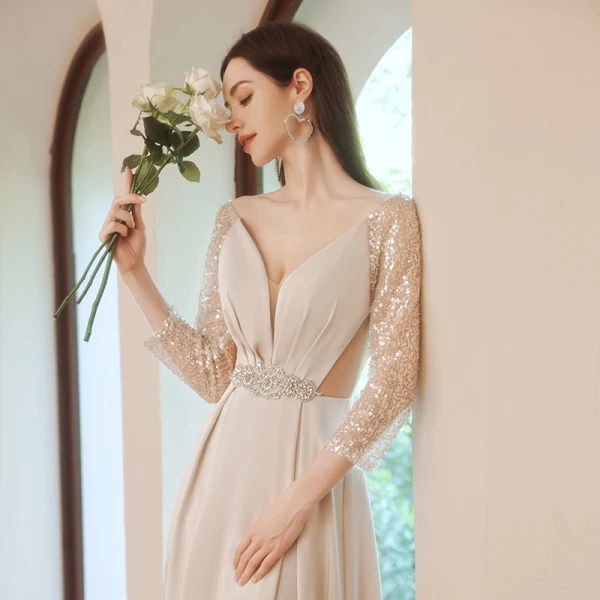 Charming Beige Beading Sequins Prom Dresses 2021 A-Line / Princess V-Neck Pearl Rhinestone Sash 3/4 Sleeve Backless Floor-Length / Long Prom Formal Dresses