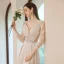 Charming Beige Beading Sequins Prom Dresses 2021 A-Line / Princess V-Neck Pearl Rhinestone Sash 3/4 Sleeve Backless Floor-Length / Long Prom Formal Dresses