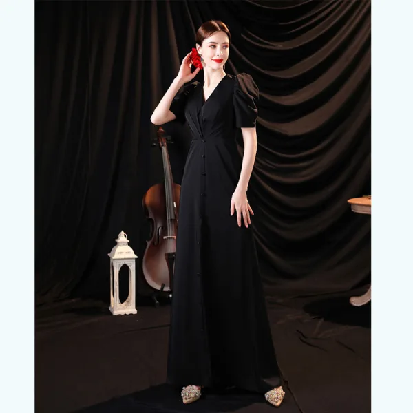 Sexy Black Split Front Evening Dresses 2021 Trumpet / Mermaid V-Neck Satin Short Sleeve Evening Party Floor-Length / Long Formal Dresses