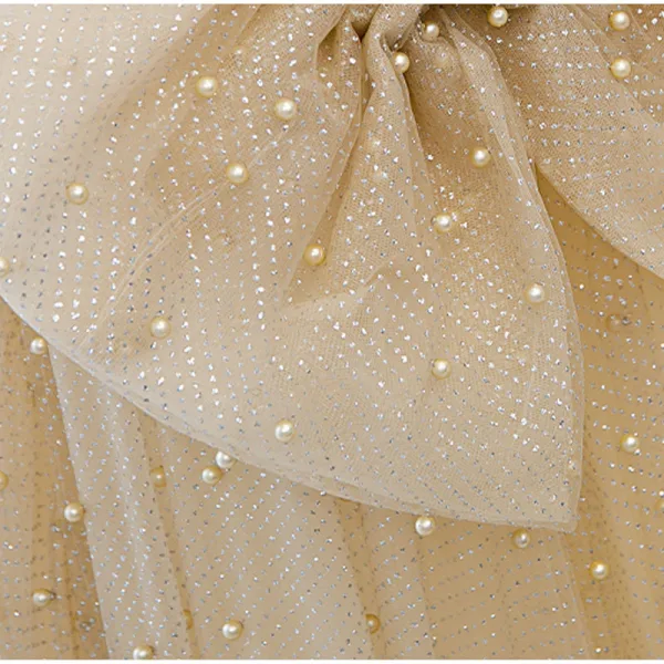 Élégant Champagne Robe De Bal Princesse 2021 V-Cou Noeud Paillettes Perle Manches Courtes Dos Nu Longue Robe De Ceremonie
