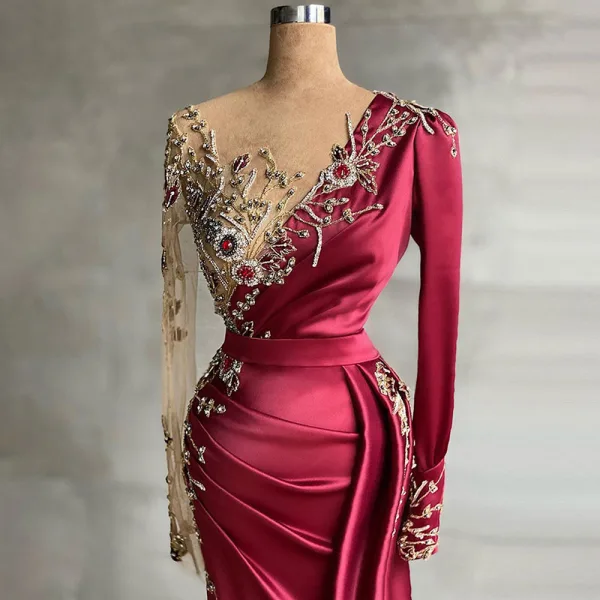 High-end Burgundy Handmade  Beading Pearl Rhinestone Evening Dresses 2021 Trumpet / Mermaid Scoop Neck Satin Long Sleeve Sweep Train Evening Party Formal Dresses