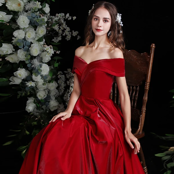 Chic / Belle Bordeaux Robe De Bal 2021 Princesse De l'épaule Manches Courtes Dos Nu Longue Promo Robe De Ceremonie
