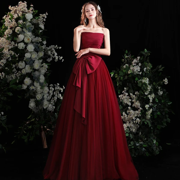 Chic / Belle Bordeaux Robe De Bal 2021 Princesse Bustier Noeud Sans Manches Longue Promo Robe De Ceremonie