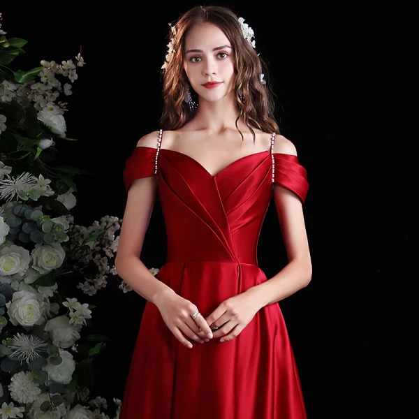 Elegant Burgundy Satin Prom Dresses 2021 A-Line / Princess Short Sleeve Backless Floor-Length / Long Prom Formal Dresses