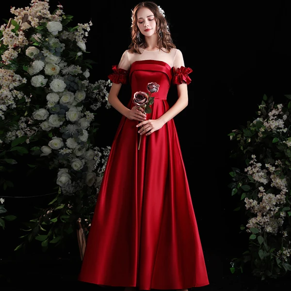 Elegant Burgundy Satin Prom Dresses 2021 A-Line / Princess Scoop Neck Ruffle Short Sleeve Backless Floor-Length / Long Formal Dresses