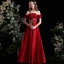Elegant Burgundy Satin Prom Dresses 2021 A-Line / Princess Scoop Neck Ruffle Short Sleeve Backless Floor-Length / Long Formal Dresses