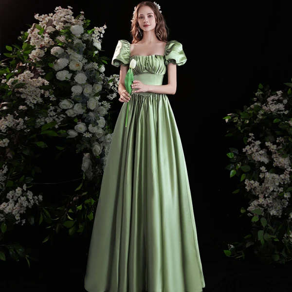 Elegant Sage Green Satin Prom Dresses 2021 A-Line / Princess Square Neckline Puffy Short Sleeve Backless Bow Floor-Length / Long Formal Dresses