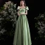 Elegant Sage Green Satin Prom Dresses 2021 A-Line / Princess Square Neckline Puffy Short Sleeve Backless Bow Floor-Length / Long Formal Dresses