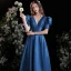 Vintage / Retro Royal Blue Satin Prom Dresses 2021 A-Line / Princess V-Neck Puffy Short Sleeve Backless Floor-Length / Long Prom Formal Dresses