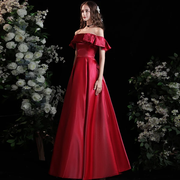 Modest / Simple Burgundy Satin Prom Dresses 2021 A-Line / Princess Off-The-Shoulder Short Sleeve Backless Floor-Length / Long Formal Dresses
