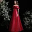 Modest / Simple Burgundy Satin Prom Dresses 2021 A-Line / Princess Off-The-Shoulder Short Sleeve Backless Floor-Length / Long Formal Dresses
