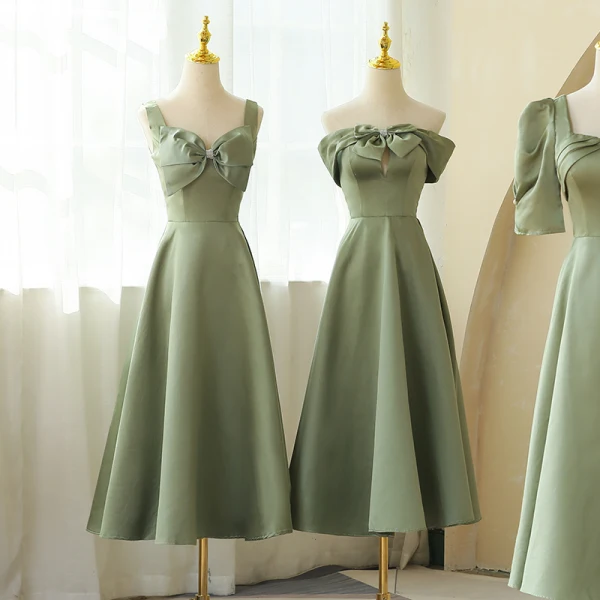 Schlicht Salbeigrün Satin Brautjungfernkleider A Linie 2021 Kurze Ärmel Rückenfreies Lange Kleider Für Hochzeit
