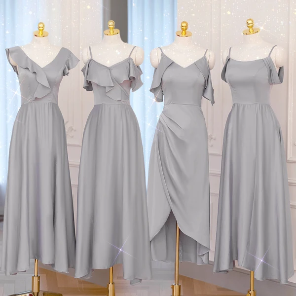 Modest / Simple Grey Satin Bridesmaid Dresses 2021 A-Line / Princess Spaghetti Straps Short Sleeve Backless Tea-length Wedding Party Dresses