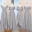 Modest / Simple Grey Satin Bridesmaid Dresses 2021 A-Line / Princess Spaghetti Straps Short Sleeve Backless Tea-length Wedding Party Dresses