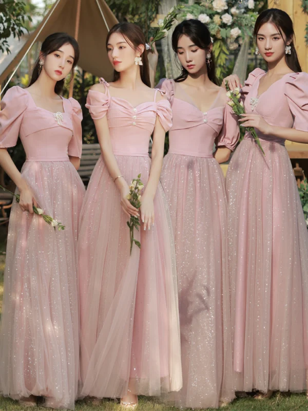 Chic / Belle Rose Bonbon Perle Robe Demoiselle D'honneur 2021 Princesse Manches Courtes Dos Nu Paillettes Longue Robe Pour Mariage